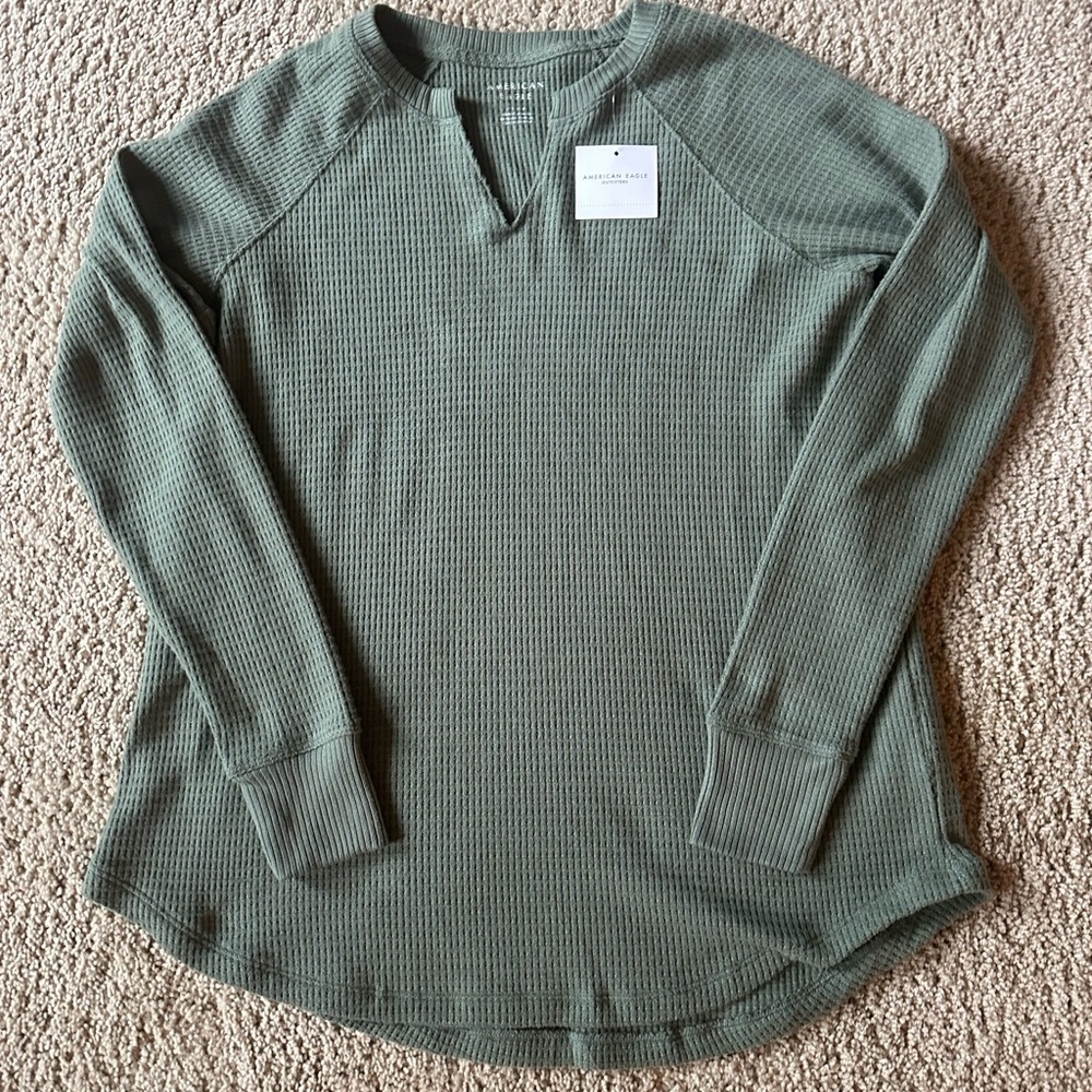 Green Waffle Knit Long Sleeve Top